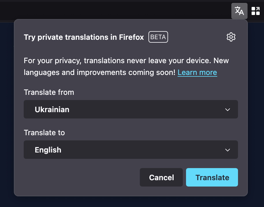 Native browser translation popup